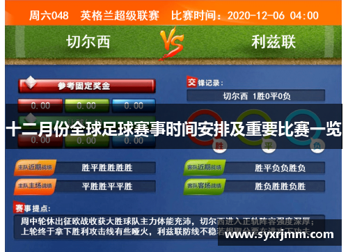 十二月份全球足球赛事时间安排及重要比赛一览